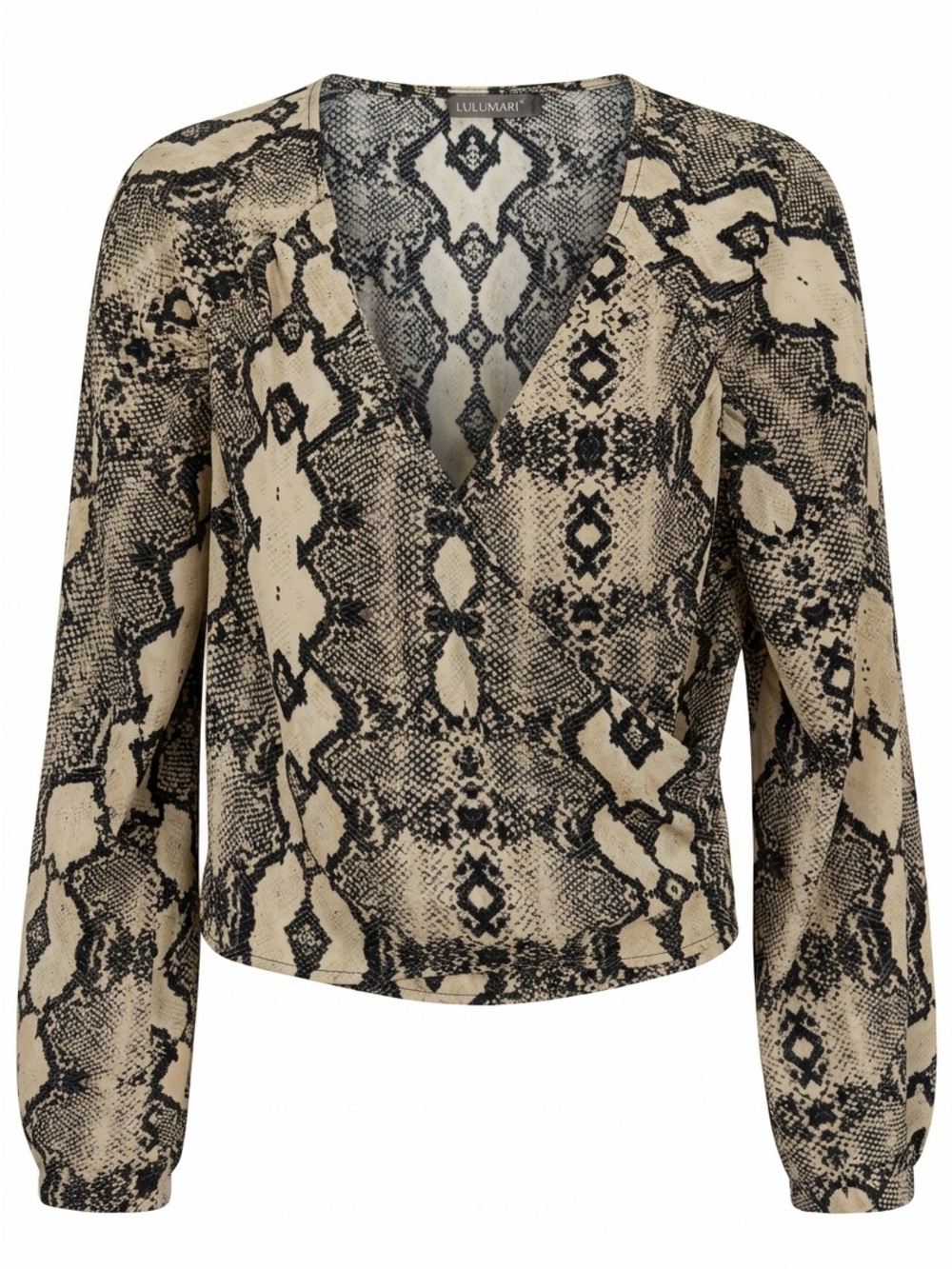 Lulumari Black and Beige Snake-Print Wrap Blouse